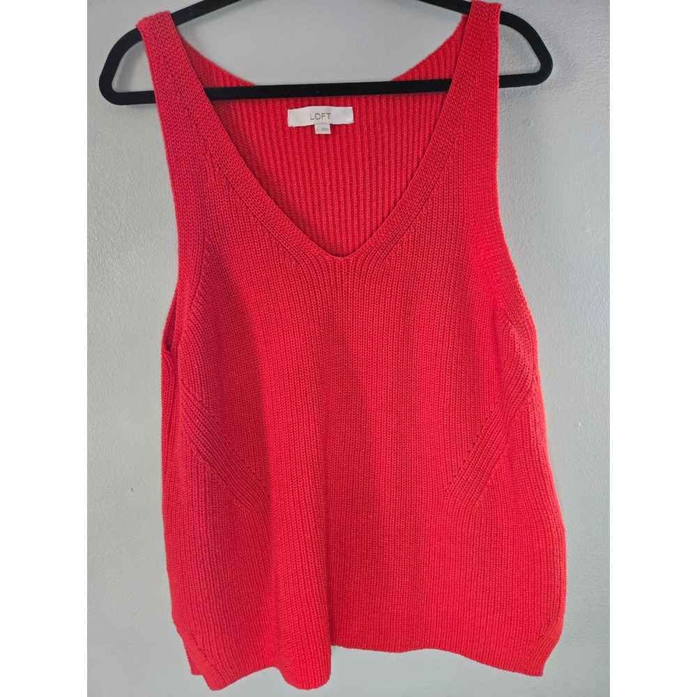 LOFT Coral Knit Tank Top Size Large V Neck Sleeveless Cotton Sweater Tank Bright